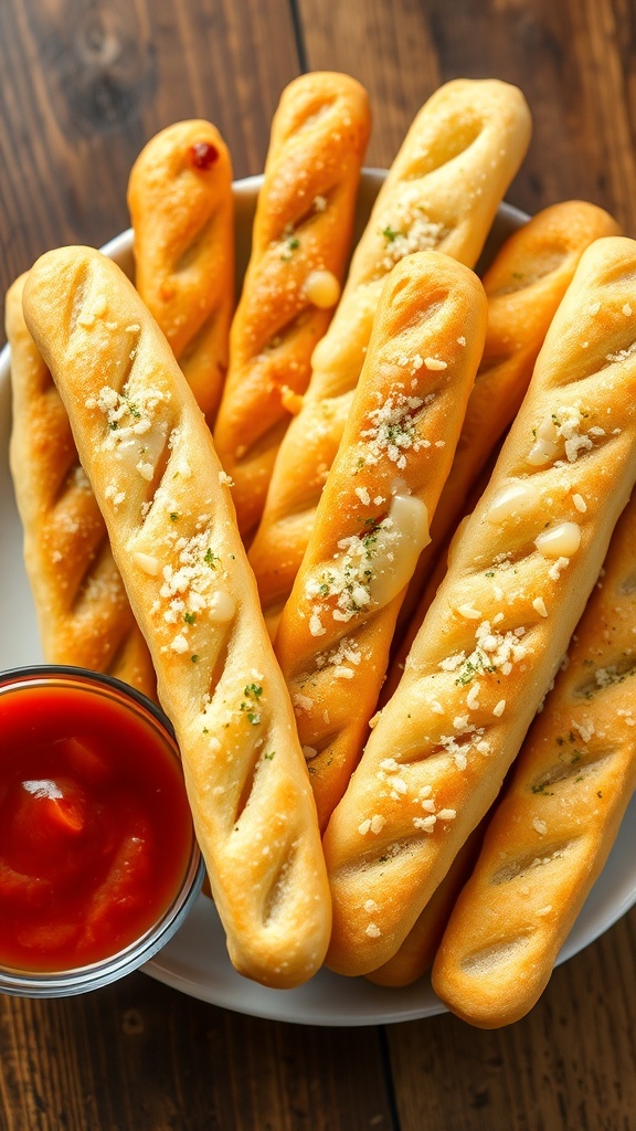 Simple 2-Ingredient Garlic Breadsticks Recipe Golden brown garlic breadsticks on a plate with marinara sauce for dipping.